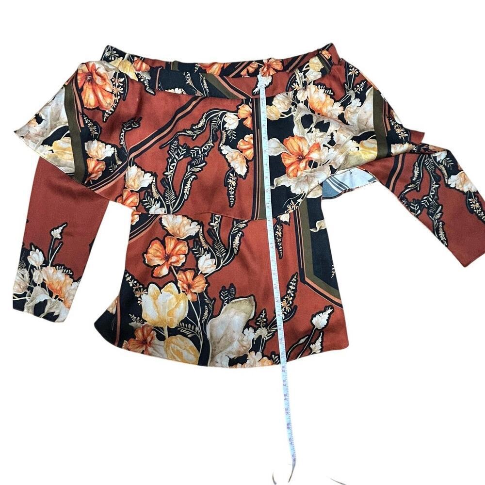 River Island Off the shoulder Satin Top copper tropical print blouse size 10 - Picture 4 of 10